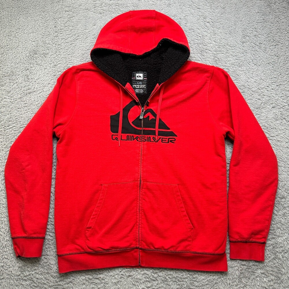 Quiksilver Sherpa Lined Hoodie Mens Large Red Sweatshirt Jacket Full Zip Y2K